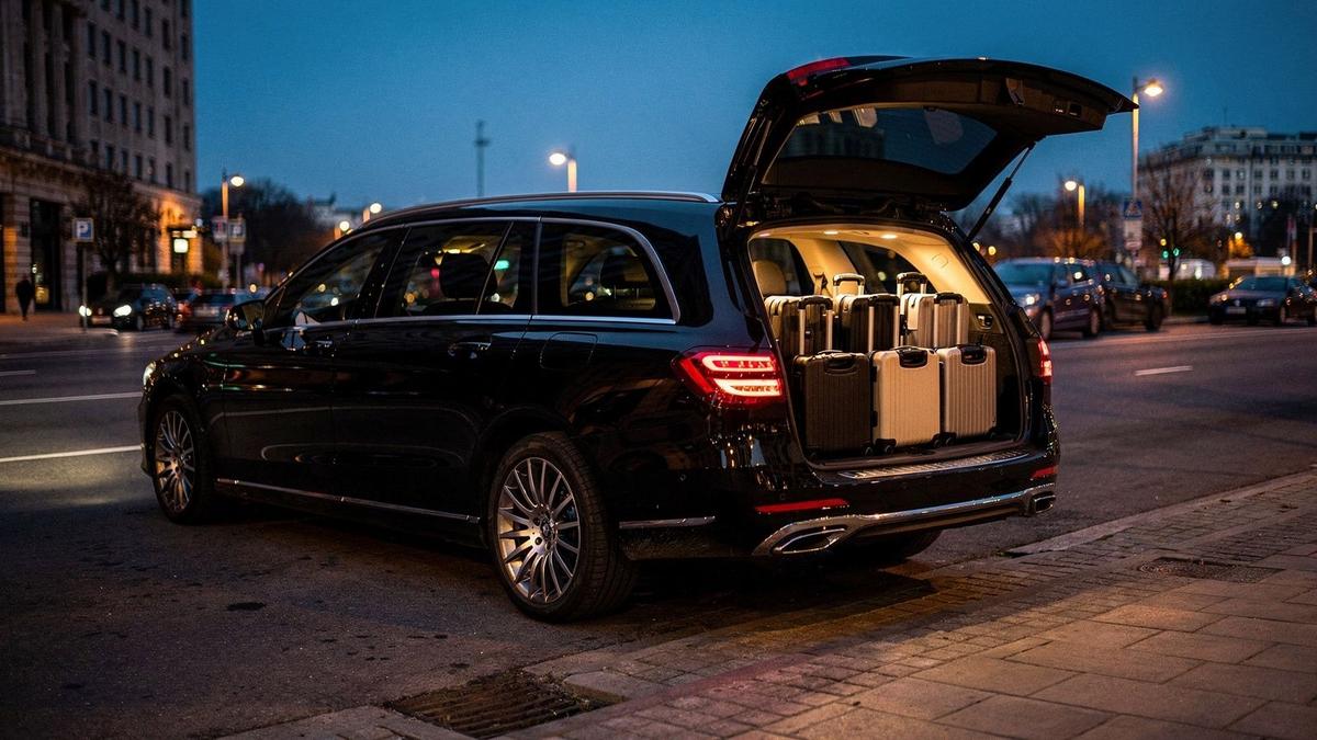 Executive MPV chauffeur car with its 1,120 litre boot loaded with five large suitcases and six seats in use