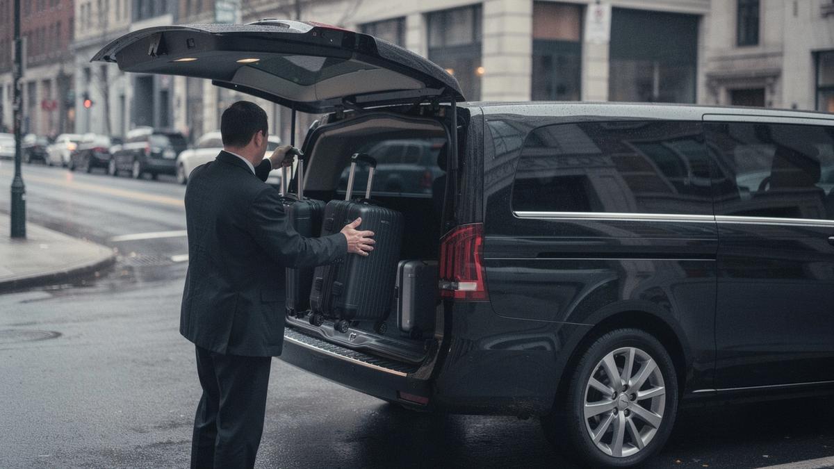 Chauffeur loading large suitcases into the boot of a black executive minivan before an intercity transfer
