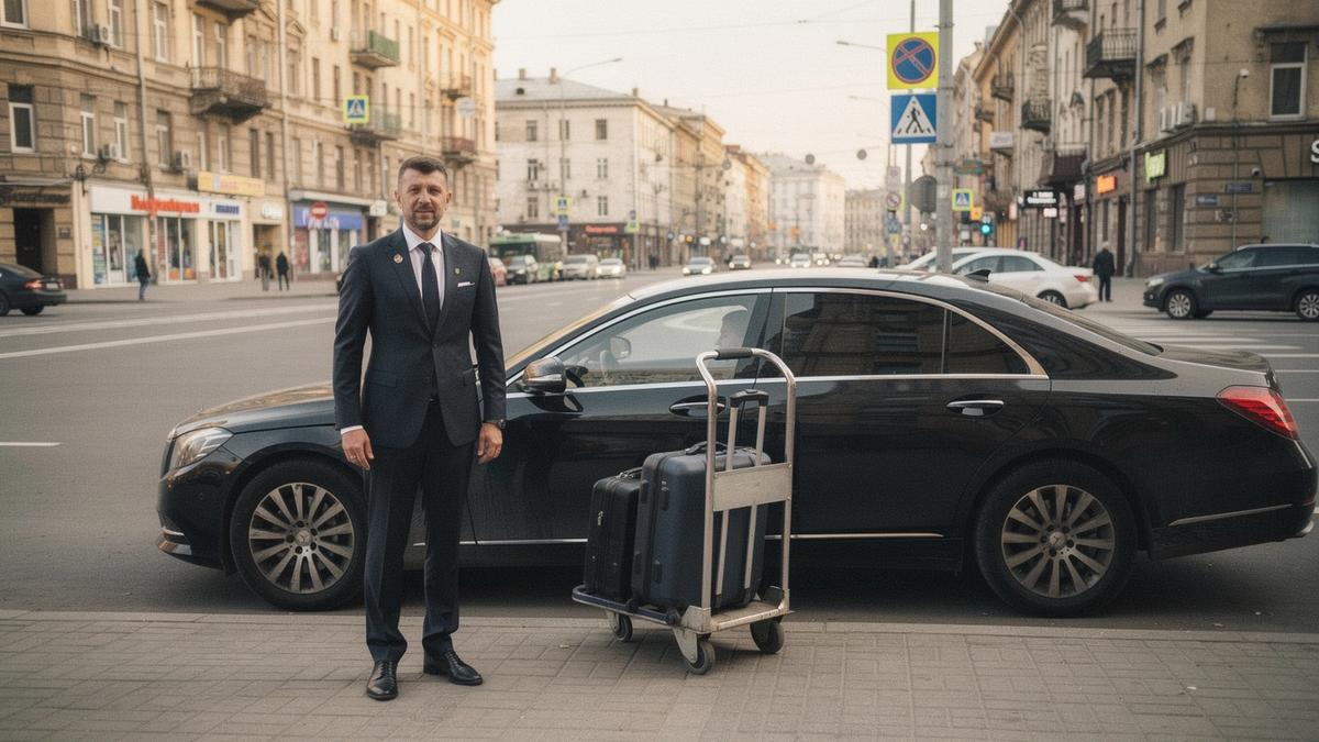 Chauffeur waiting beside a sedan at a kerbside pick-up in central Kyiv